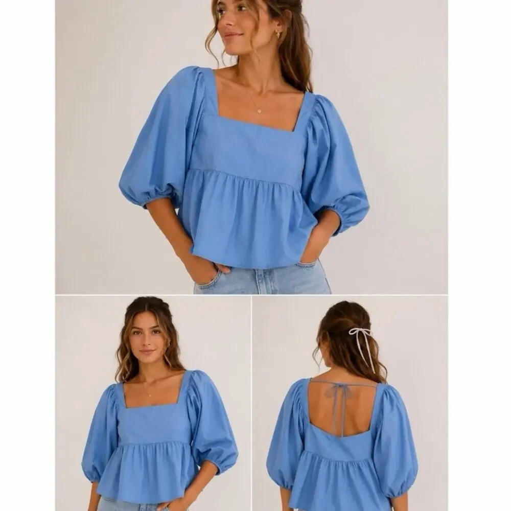 Abercrombie & Fitch Blue Puff Sleeve Tie Back Peplum Blouse Top S Cottagecore